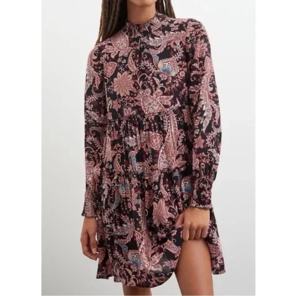 Anthropologie Cady Tiered Tunic Dress Long Puff Sleeve High Neck Paisley Size XS